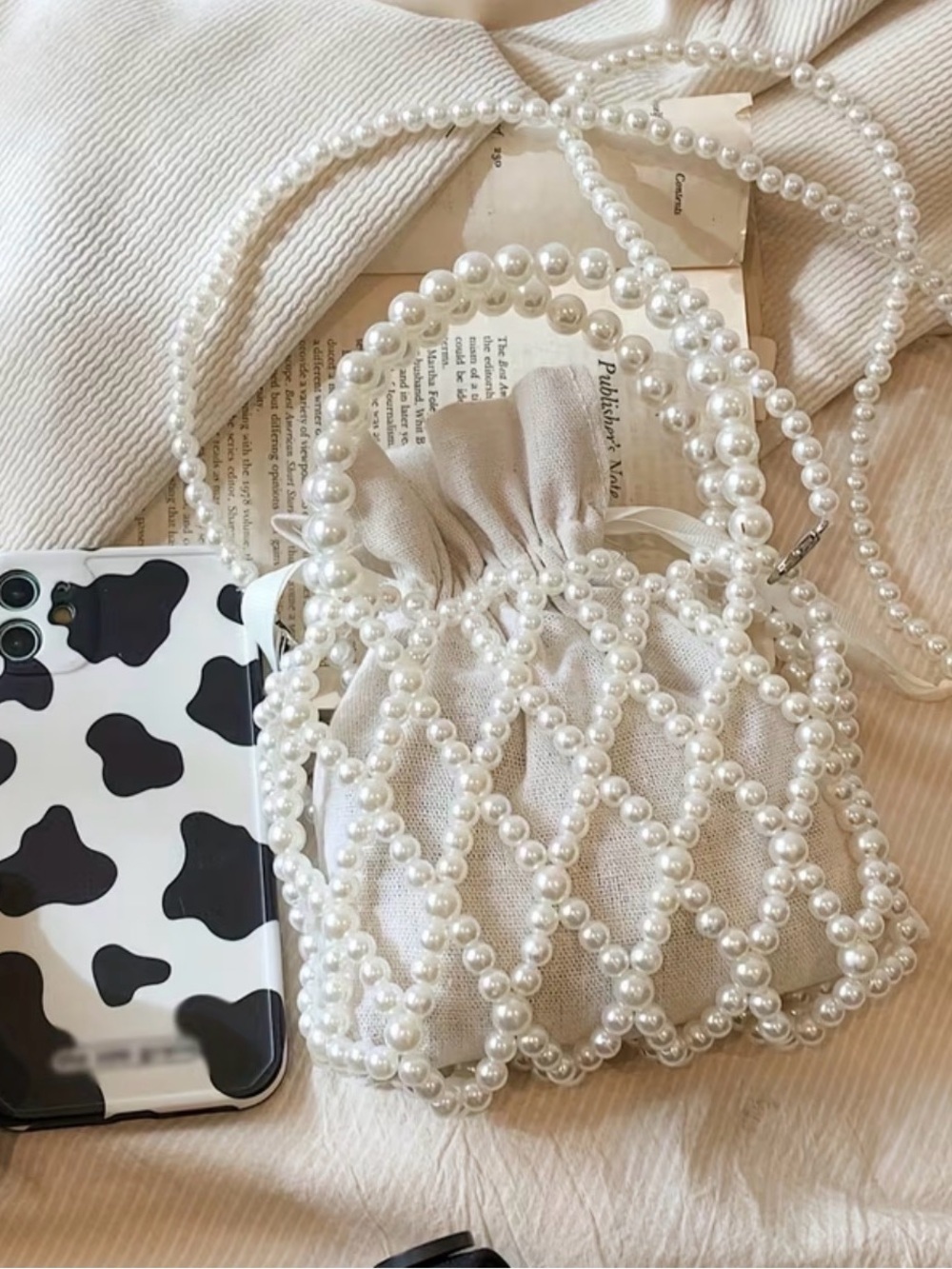 Pearl Beaded Drawstring Crossbody Bag - White